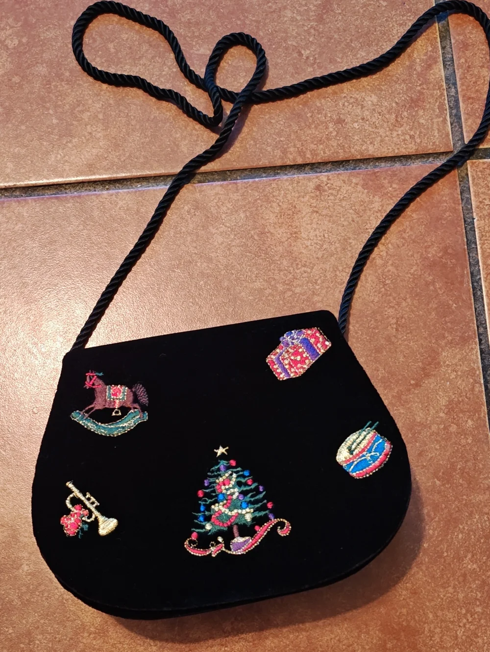 Karen Scott Black Velvet Crossbody Bag with Colorful Holiday Embroidery